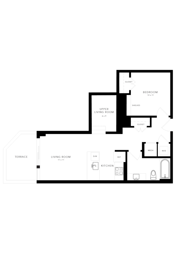 A floor plan of a house with a living room, terrace, and two bedrooms.
