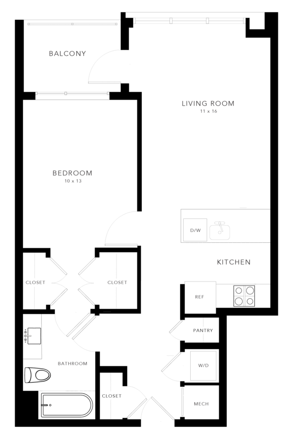 A floor plan of a house with a living room, kitchen, pantry, bathroom, and bedroom.