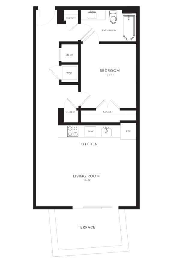 A floor plan of a house with a living room, kitchen, and two bedrooms.