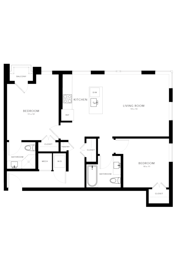 A floor plan of a house with a kitchen, living room, and three bedrooms.
