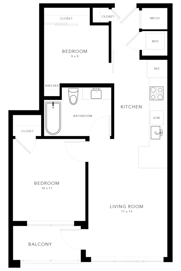 A floor plan of a house with three bedrooms, a kitchen, a living room, and a bathroom.