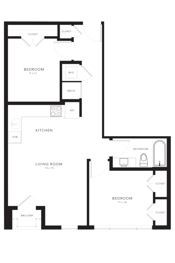 A floor plan of a house with a living room, kitchen, and two bedrooms.