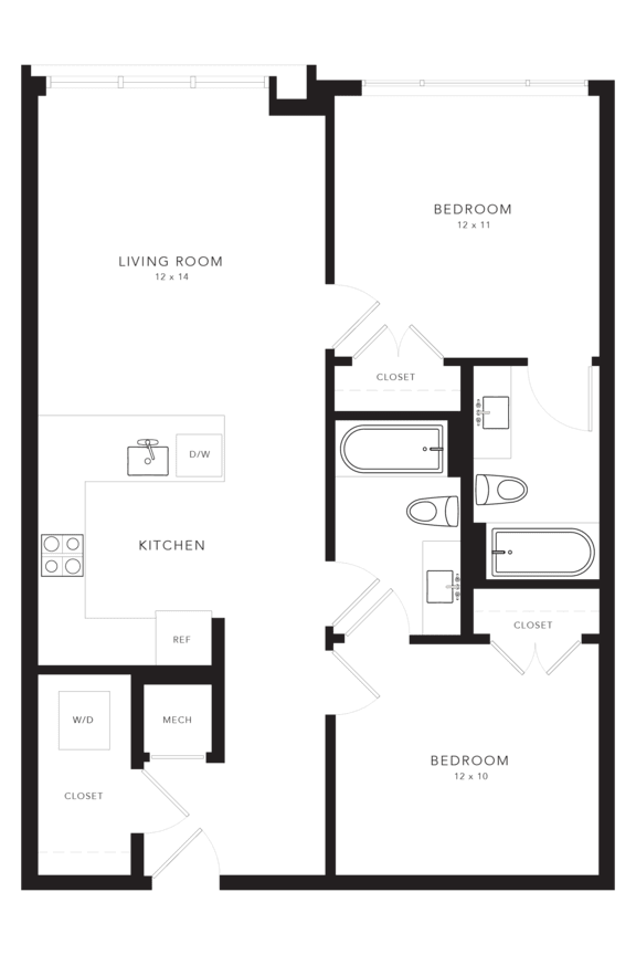 A floor plan of a house with a living room, kitchen, two bedrooms, and a bathroom.