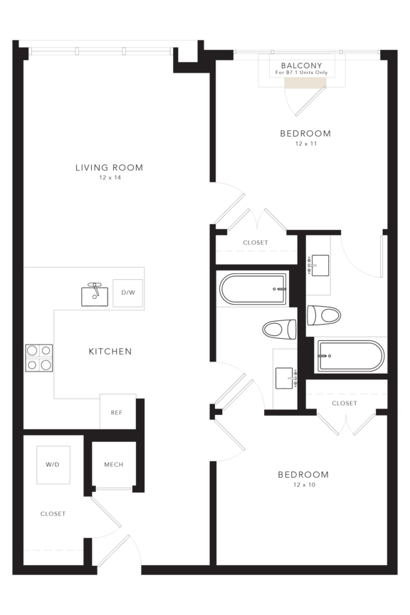 A floor plan of a house with a living room, kitchen, and two bedrooms.