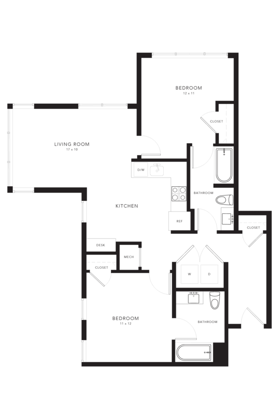 A floor plan of a house with a living room, kitchen, and two bedrooms.