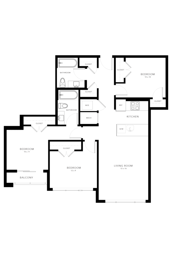 A floor plan of a house with a living room, dining room, kitchen, and two bedrooms.