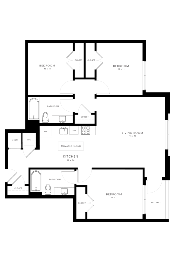 A floor plan of a house with two bedrooms, a living room, a kitchen, and a bathroom.