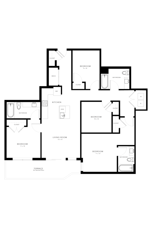 A black and white floor plan of an apartment complex.
