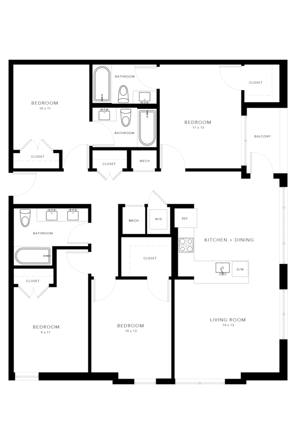 A floor plan of a house with labeled rooms such as Bedroom 1, Bathroom, and Kitchen.