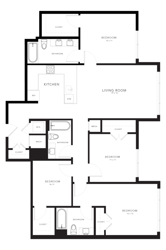 A floor plan of a house with a living room, kitchen, and multiple bedrooms.
