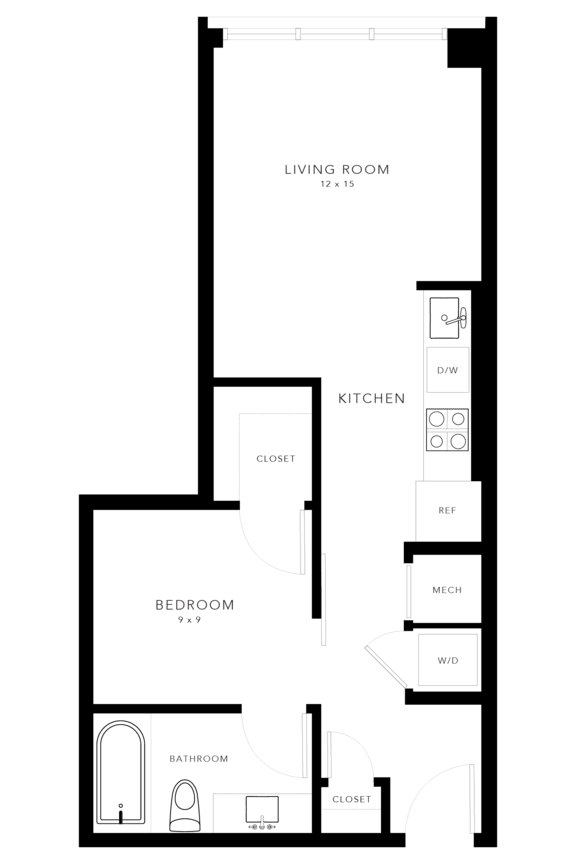 A floor plan of a house with a living room, kitchen, and bathroom.