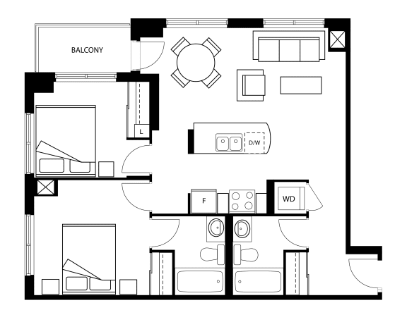a floor plan of a residence with a bedroom and a living room