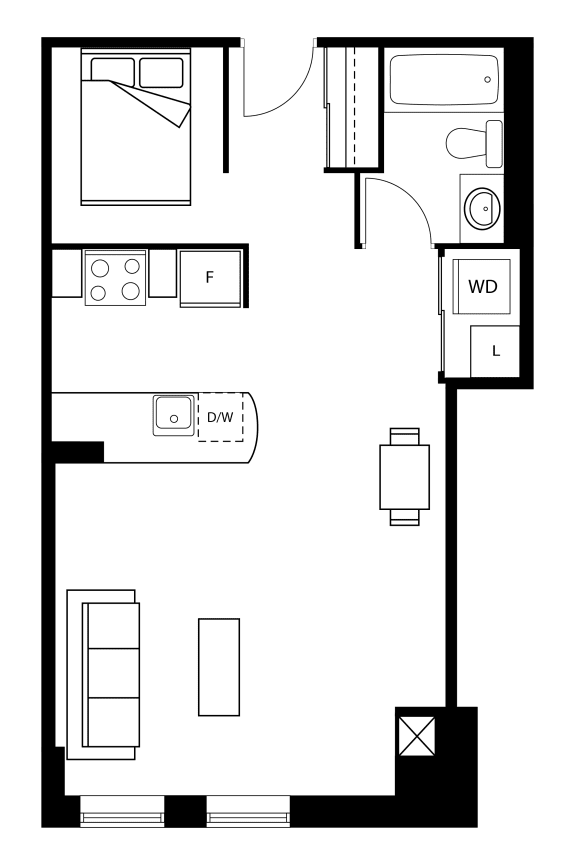 a floor plan of a small apartment with a bedroom and a living room