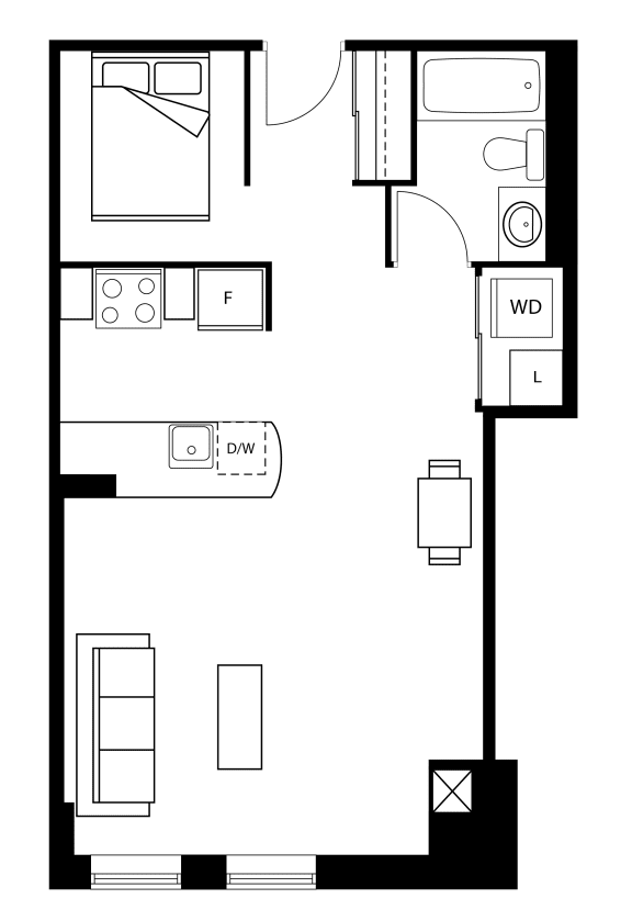 a floor plan of a small apartment with a bedroom and a living room