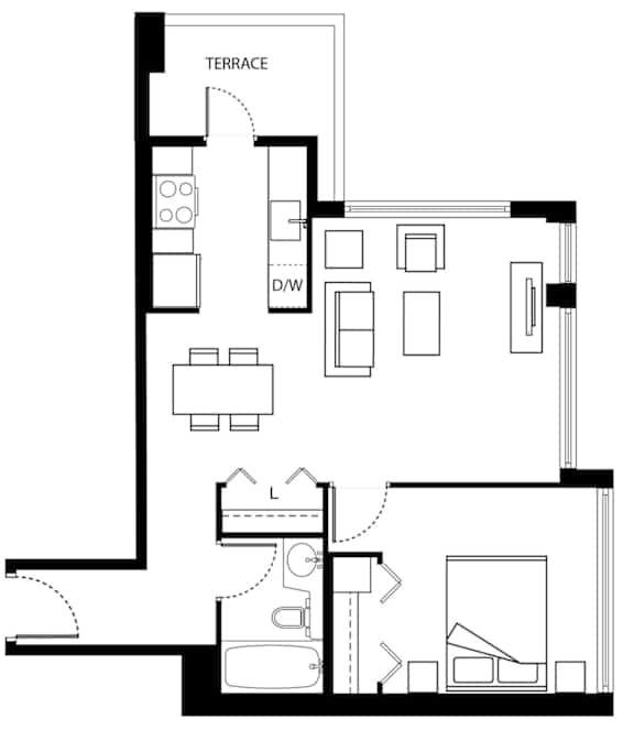a floor plan of a house with a bedroom and a living room