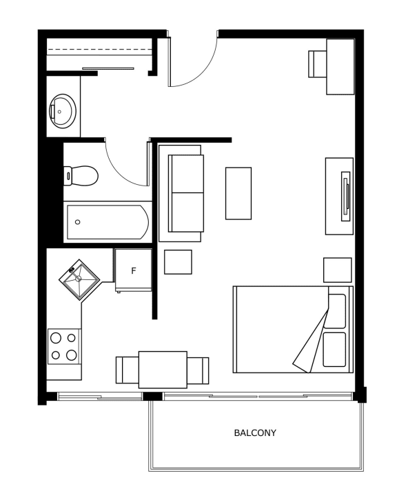 a floor plan of a small house with a bedroom and a living room