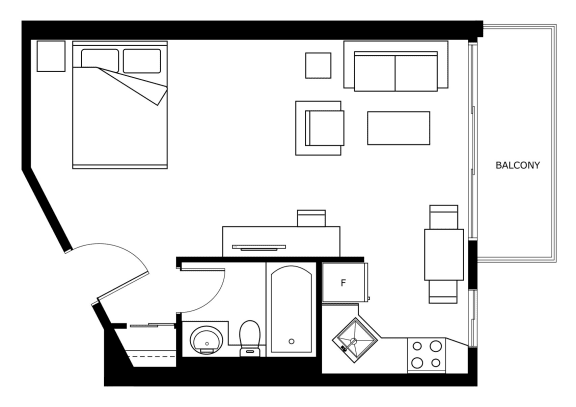 a floor plan of a small house with a bedroom and a living room
