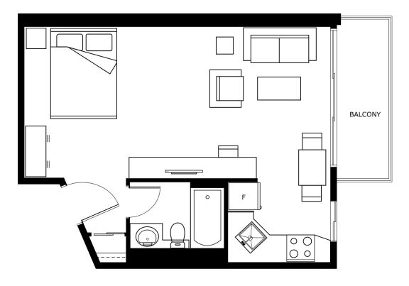 a floor plan of a small house with a bedroom and a living room