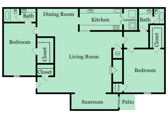 2 bed 2 bath floor plan at Birch Run, Georgia, 30021