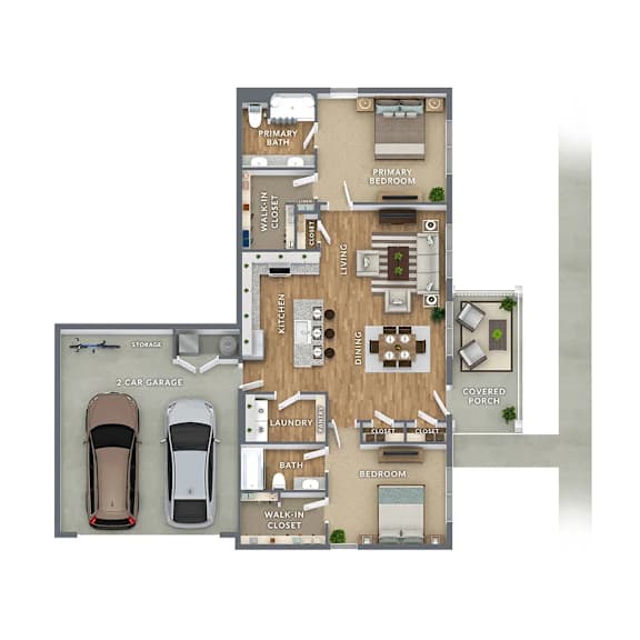 A floor plan of a house with two bedrooms, a living room, a dining room, a kitchen, a laundry room, a walk-in closet, a primary bath, and a covered porch.