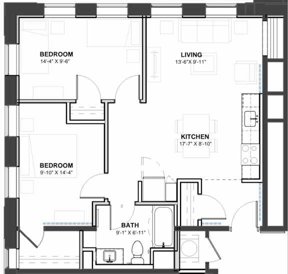 A black and white image of a floor plan for a home with a living room, kitchen, and two bedrooms.