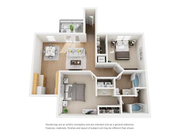A 3D floor plan of a house with a kitchen, living room, and bathroom.