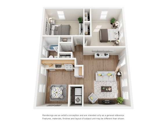 A floor plan of a small apartment with a kitchen, living room, and two bedrooms.