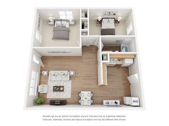A floor plan of a small apartment with a living room, kitchen, and two bedrooms.