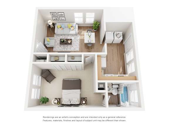 A top-down view of a small apartment with a kitchen, living room, and bathroom.