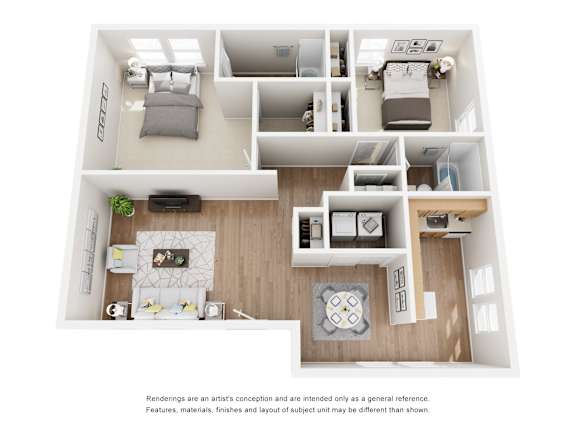 A floor plan of a small apartment with a kitchen, living room, and bedroom.