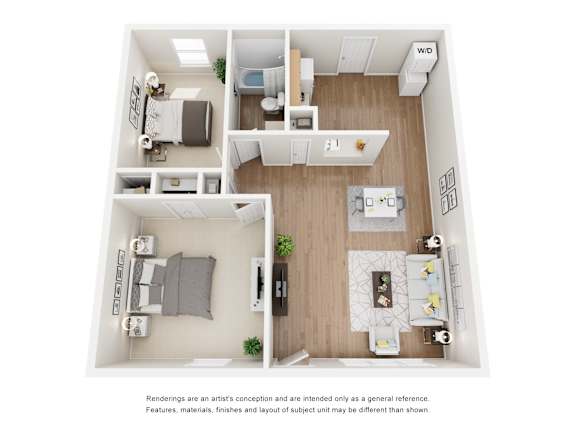 A floor plan of a small apartment with a kitchen, living room, and two bedrooms.