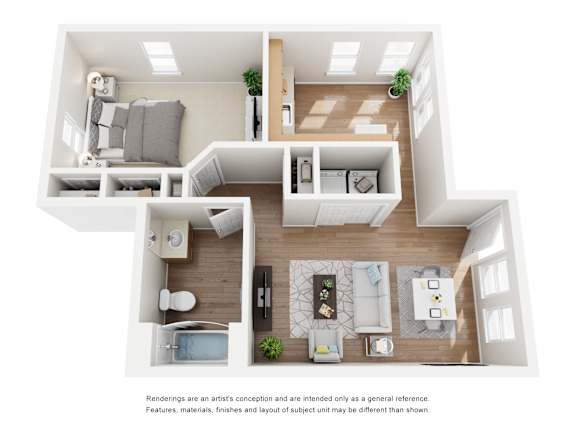 A 3D floor plan of a house with a living room, kitchen, and two bedrooms.