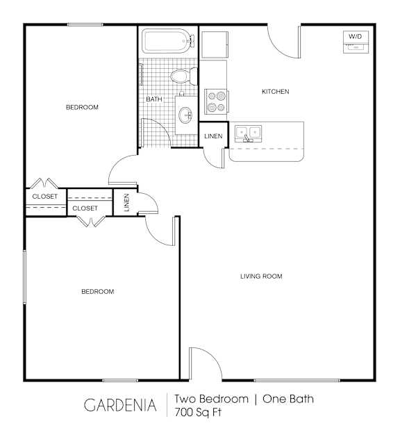 A floor plan of a two bedroom apartment with one bathroom and a garden.