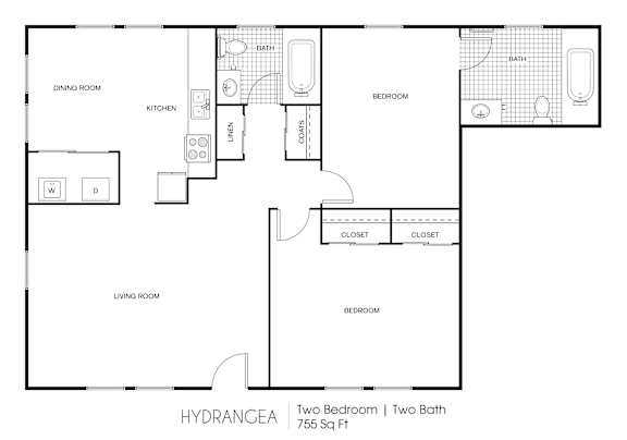 A black and white image of a floor plan for a 755 square foot home with two bedrooms and two bathrooms.