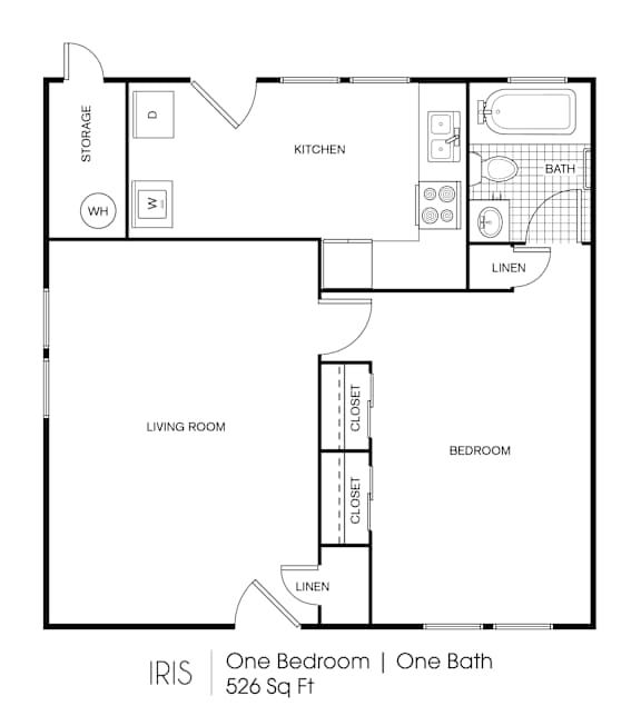 A floor plan of a one bedroom, one bath apartment.