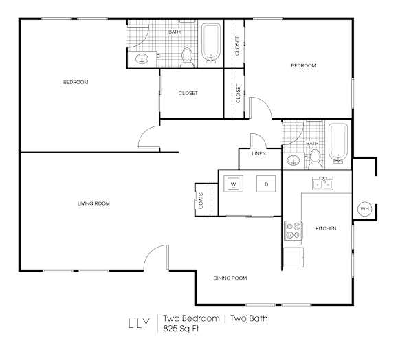 A black and white image of a two bedroom, two bathroom apartment layout.