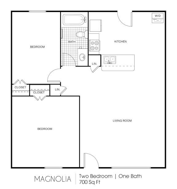 A floor plan of a 700 square foot two bedroom apartment with one bath.