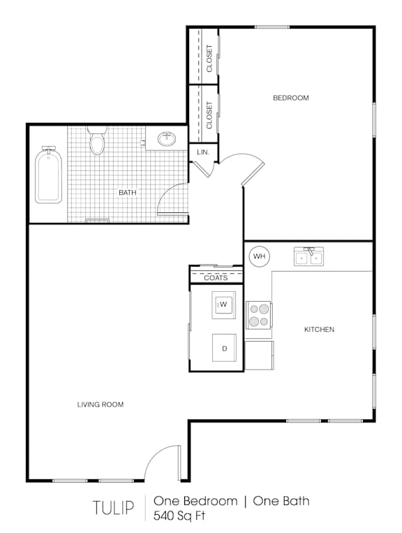 A floor plan of a one bedroom, one bath 540 square foot apartment.