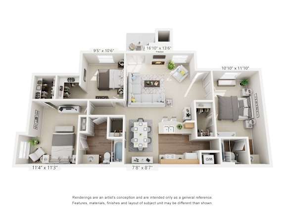 A floor plan of a house with a living room, kitchen, and two bedrooms.