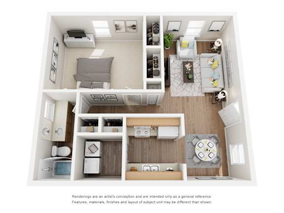 A top-down view of a small apartment with a kitchen, living room, and bedroom.