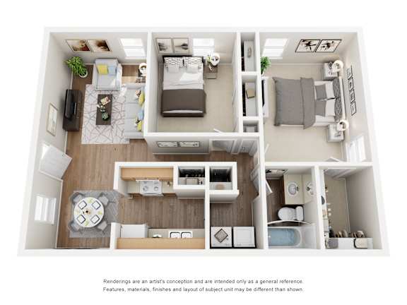 A floor plan of a small apartment with a kitchen, living room, and two bedrooms.