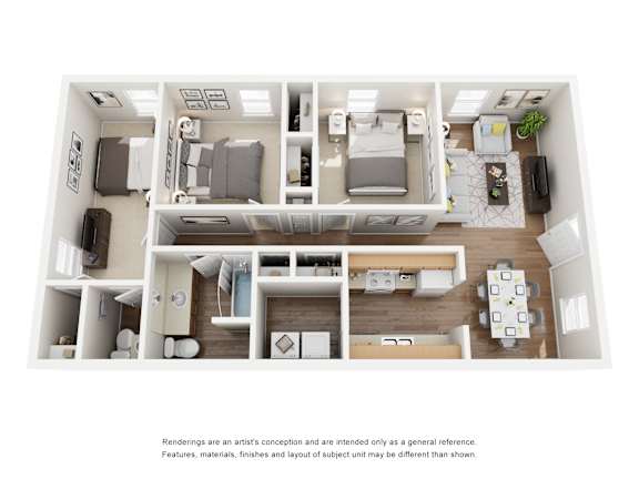A floor plan of a small apartment with a kitchen, living room, and two bedrooms.