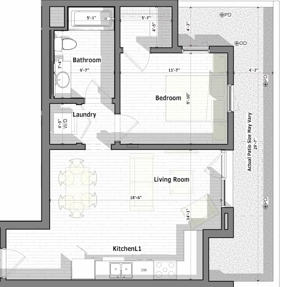 1 Bed B Floorplan at Alena on Haley, Santa Barbara, 93101