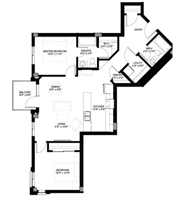 the floor plan of the 2 bedroom suite
