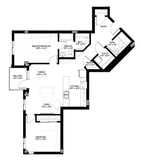 the floor plan of the 2 bedroom suite