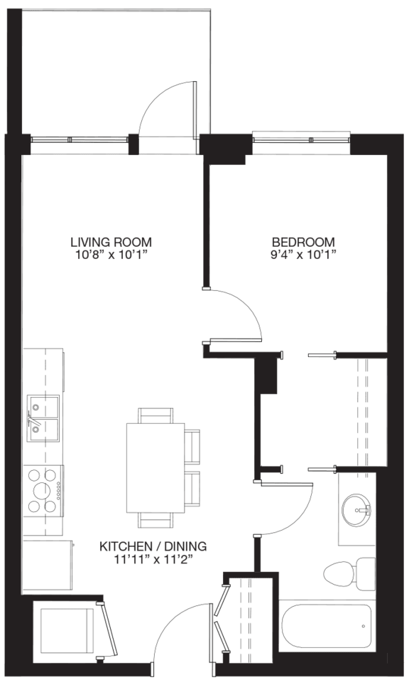 A floor plan of a small apartment with a living room, bedroom, and kitchen/dining area.