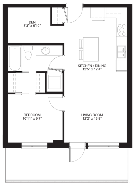 A floor plan of a small apartment with a den, kitchen/dining area, and two bedrooms.