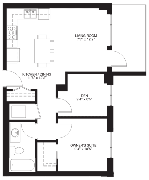 A floor plan of a house with a living room, kitchen/dining area, den, and owner's suite.