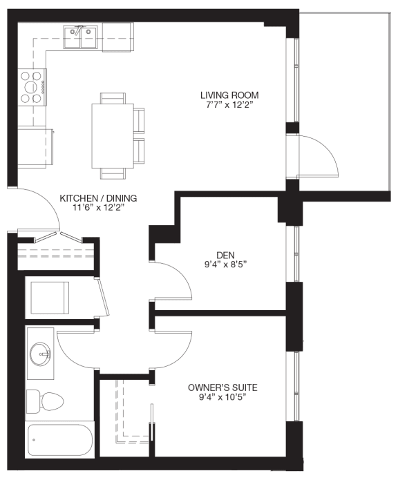 1-Bedroom / 1-bathroom + Den