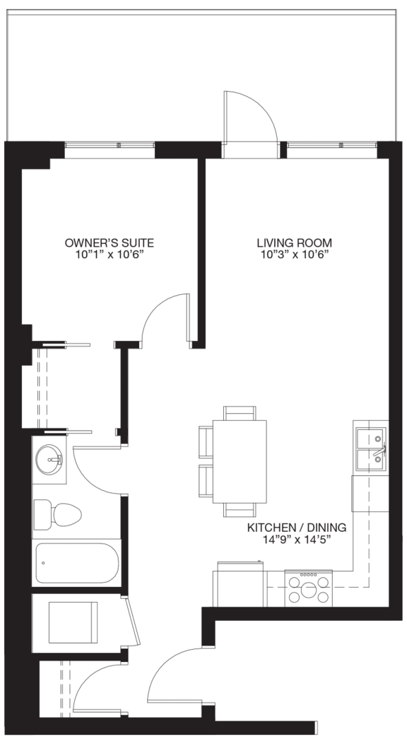 A floor plan of a house with an owner's suite and a living room.